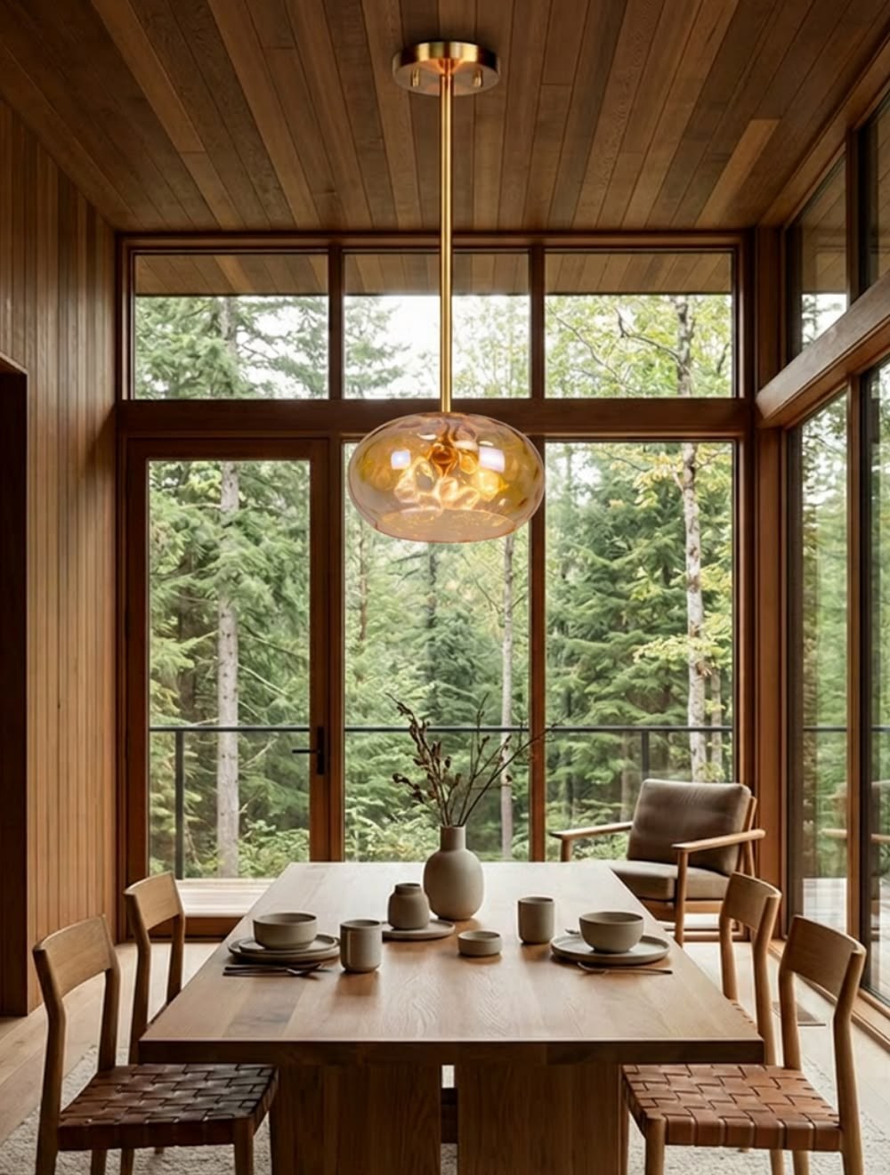 Amber hammered-glass pendant light over a wood dining table in a cabin with forest windows