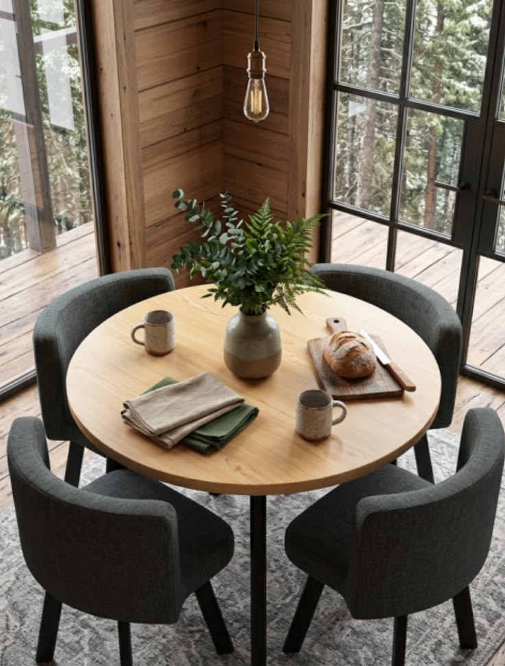 Round wood dining table with dark curved chairs in a cabin dining nook with forest windows