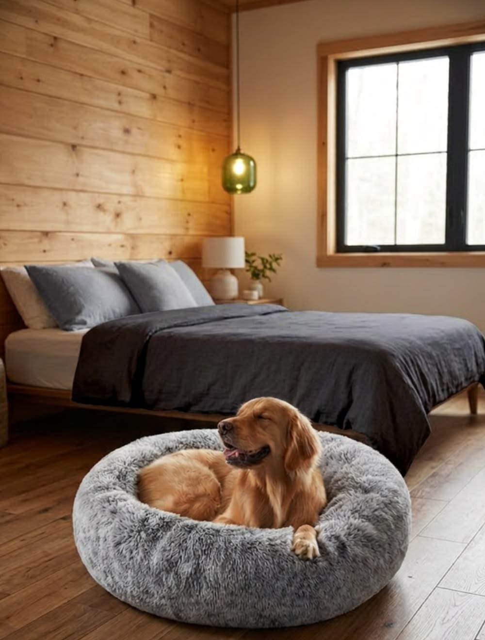 Plush calming donut dog bed with a raised rim, sized from small pups to big dogs, in a cozy cabin
