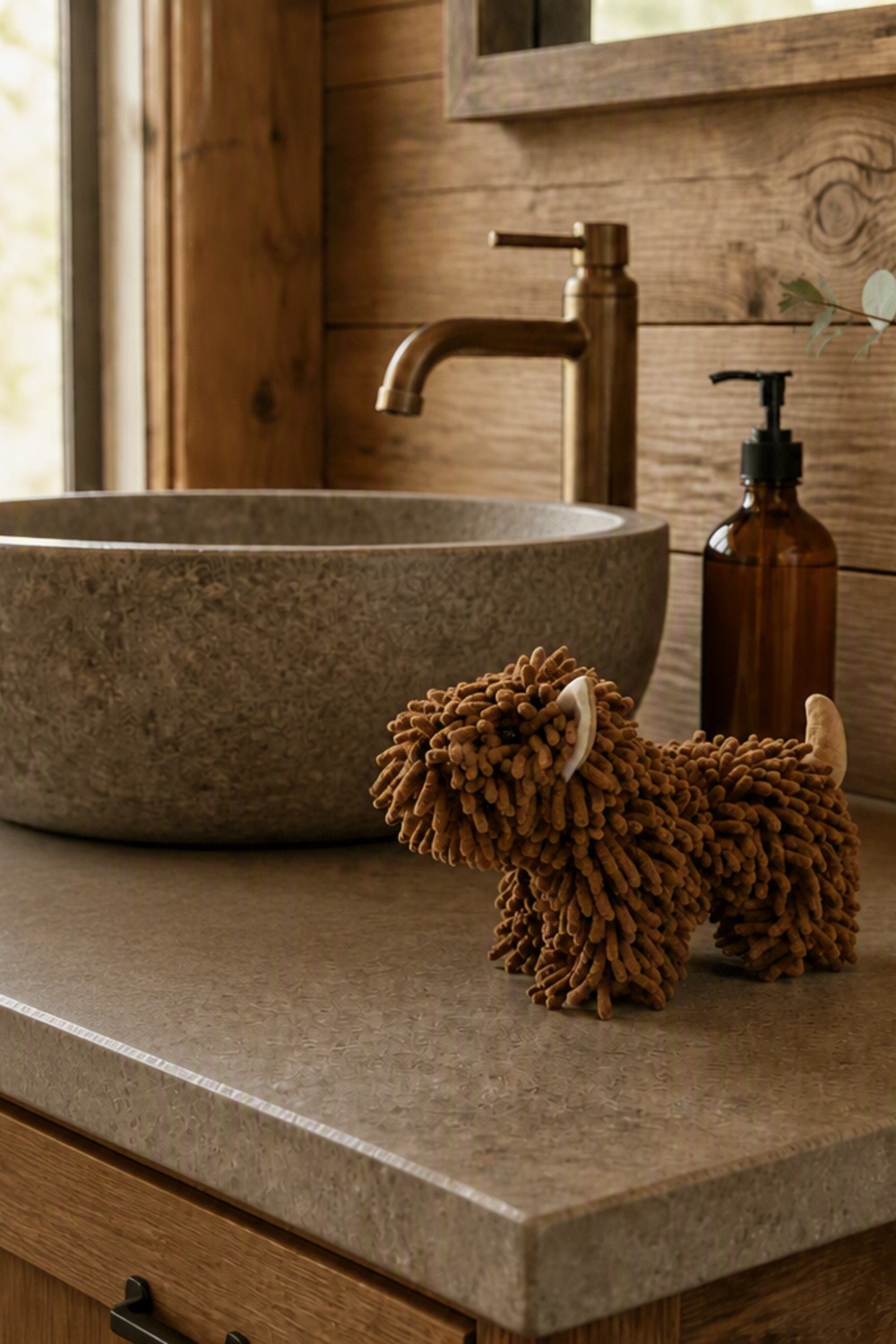 Dark brown chenille dog-shaped hand towel on a stone vessel sink vanity in a cabin bathroom