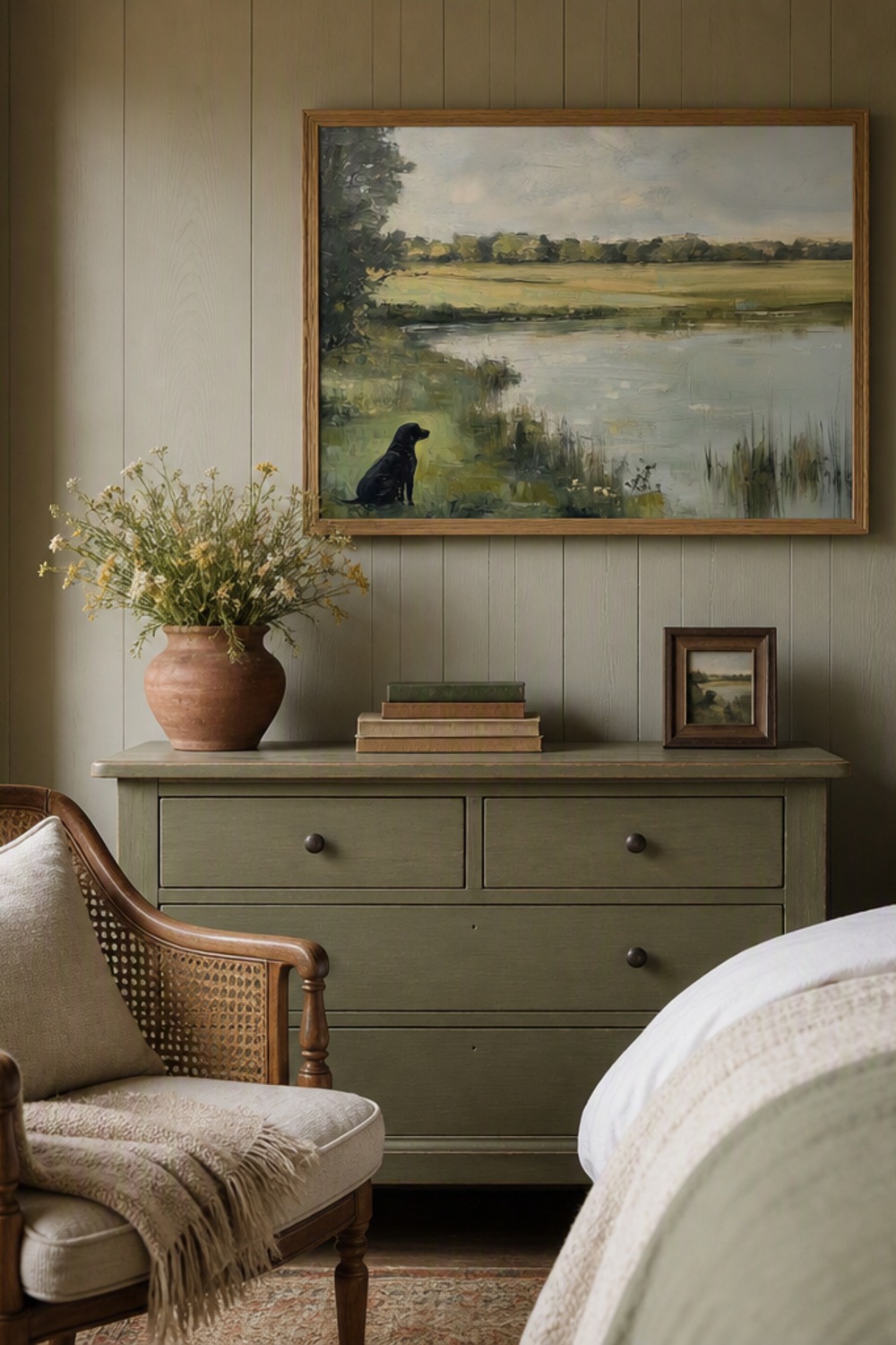 Framed oil-painting landscape print of a black Labrador sitting by a pond, hanging above a sage-green dresser in a cabin bedroom