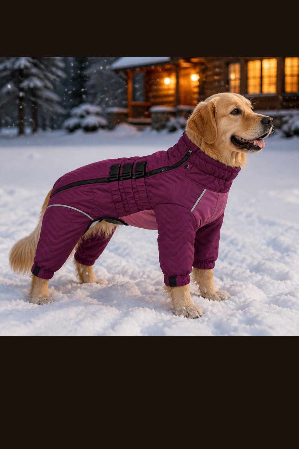Deep plum quilted full-body dog snowsuit with reflective trim on a golden retriever standing in snow outside a cabin