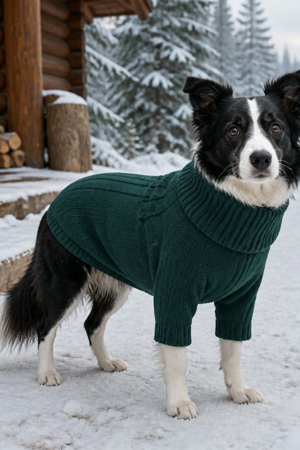 Dark green cable-knit turtleneck dog sweater on a dog walking a snowy forest trail