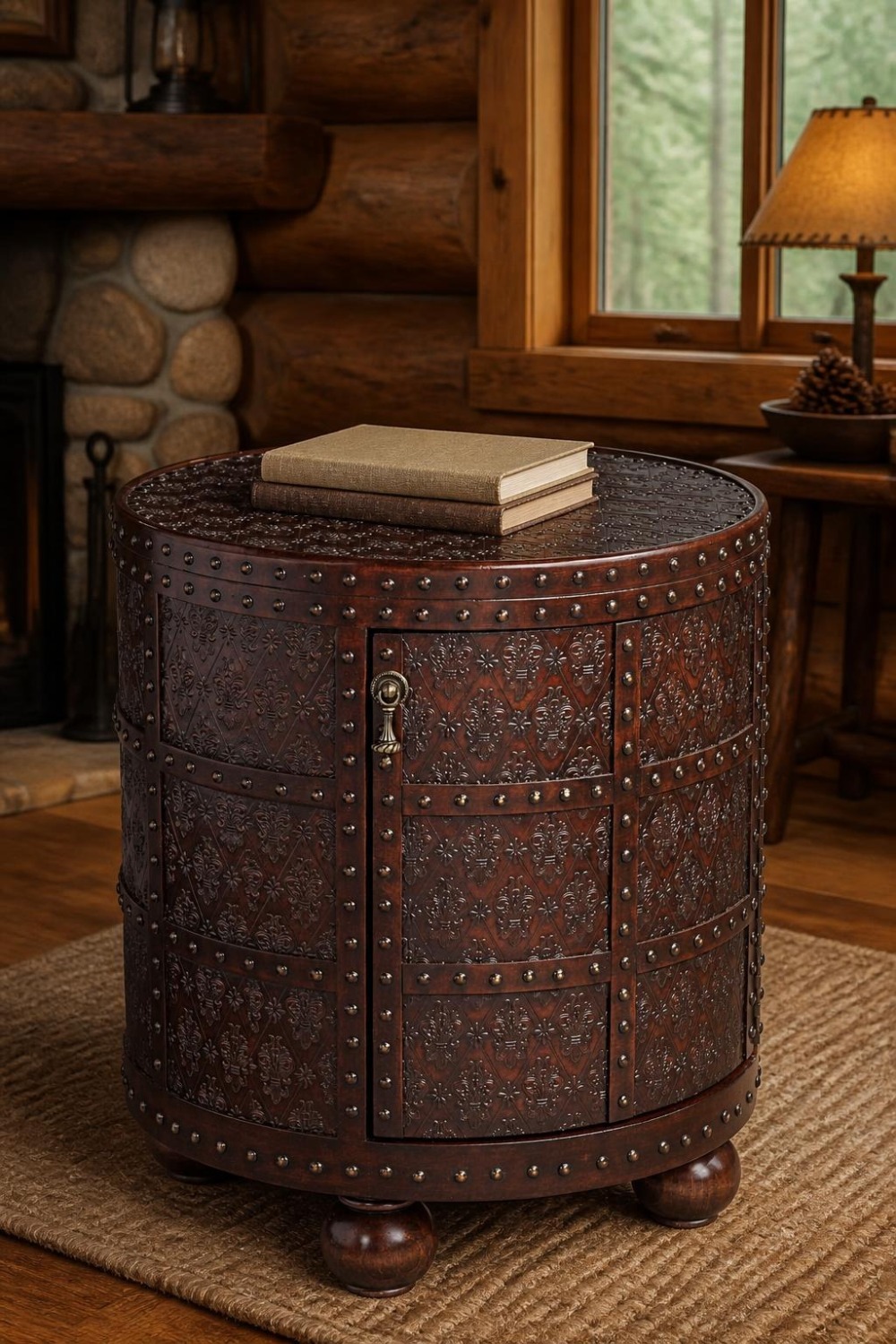 Round espresso-brown embossed faux-leather drum accent table with nailhead trim and bun feet in a log cabin living room beside a stone fireplace