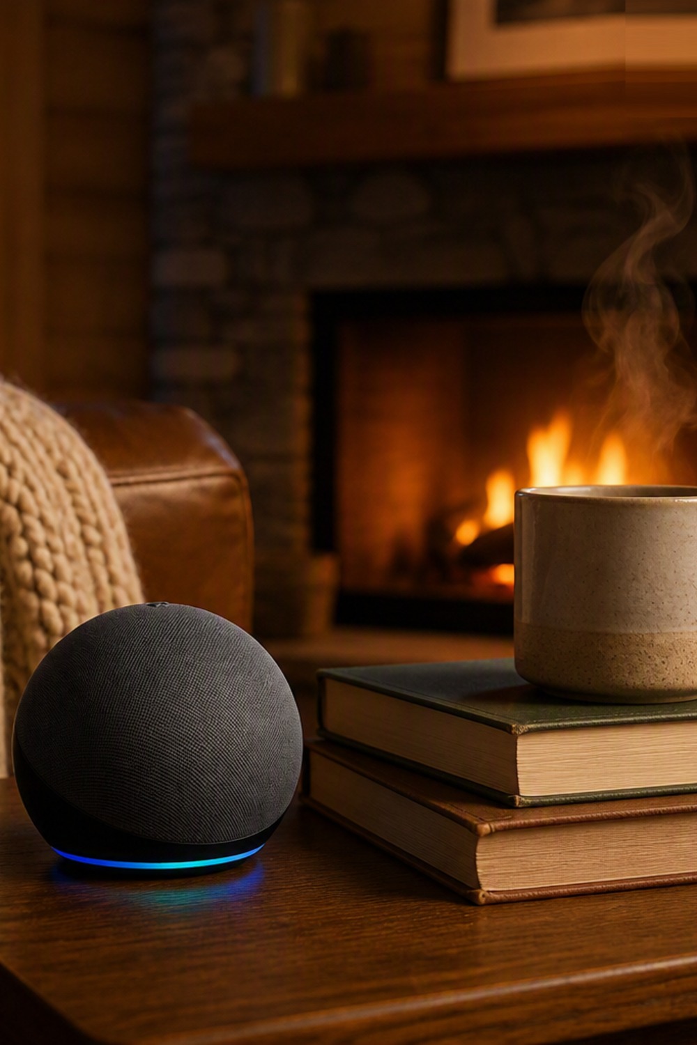 Charcoal Echo Dot smart speaker with glowing blue ring on a walnut side table beside books and a steaming mug by a cabin fireplace