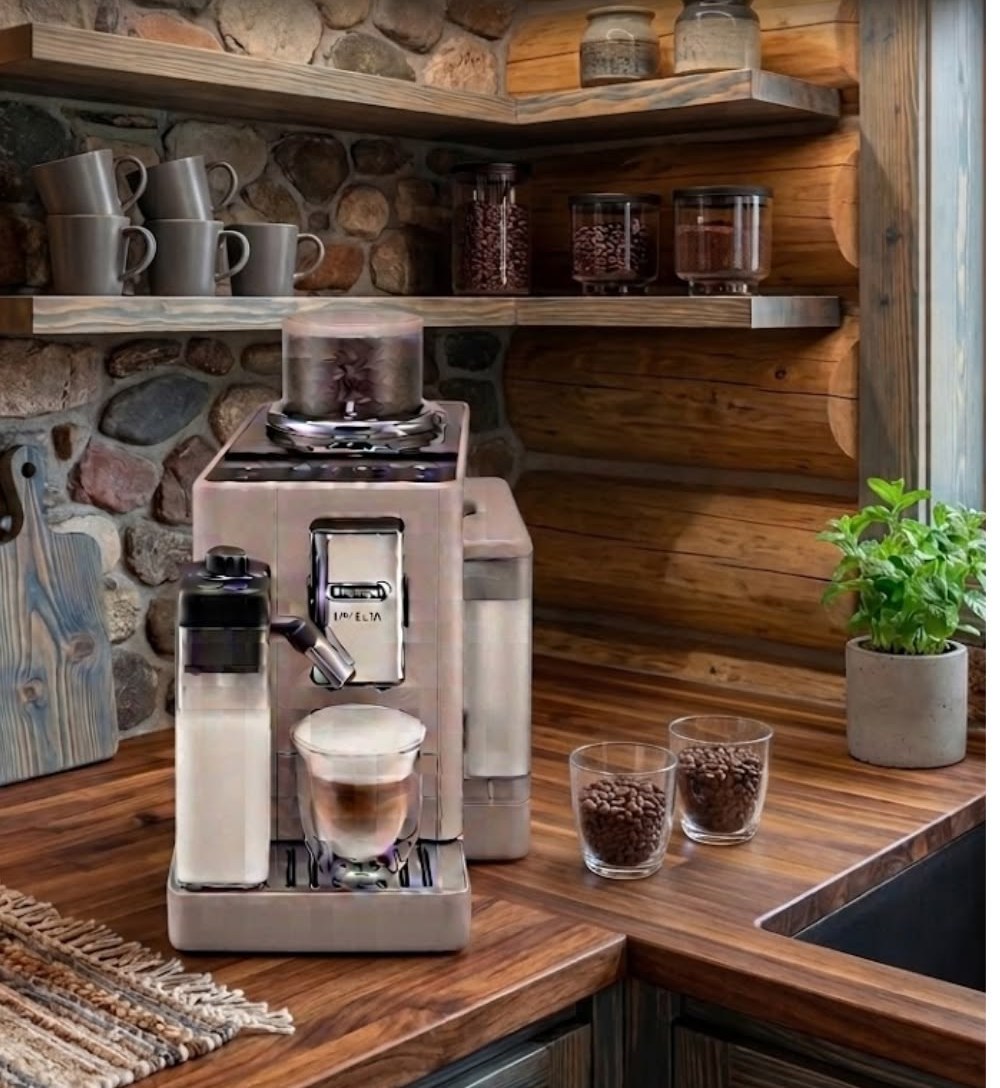 De'Longhi automatic espresso machine on a wood counter in a stone-wall cabin coffee nook