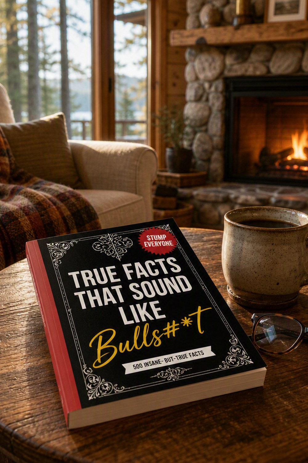 True Facts That Sound Like Bull trivia book on a round wooden coffee table with a stoneware mug and reading glasses by a cabin fireplace