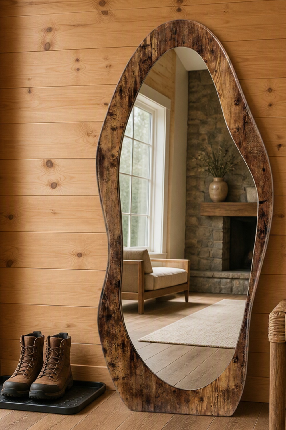 Tall asymmetrical pebble-shaped full-length mirror with a rustic dark-brown wood-grain frame leaning against a pine plank wall in a log-cabin entryway, beside leather hiking boots on a boot tray