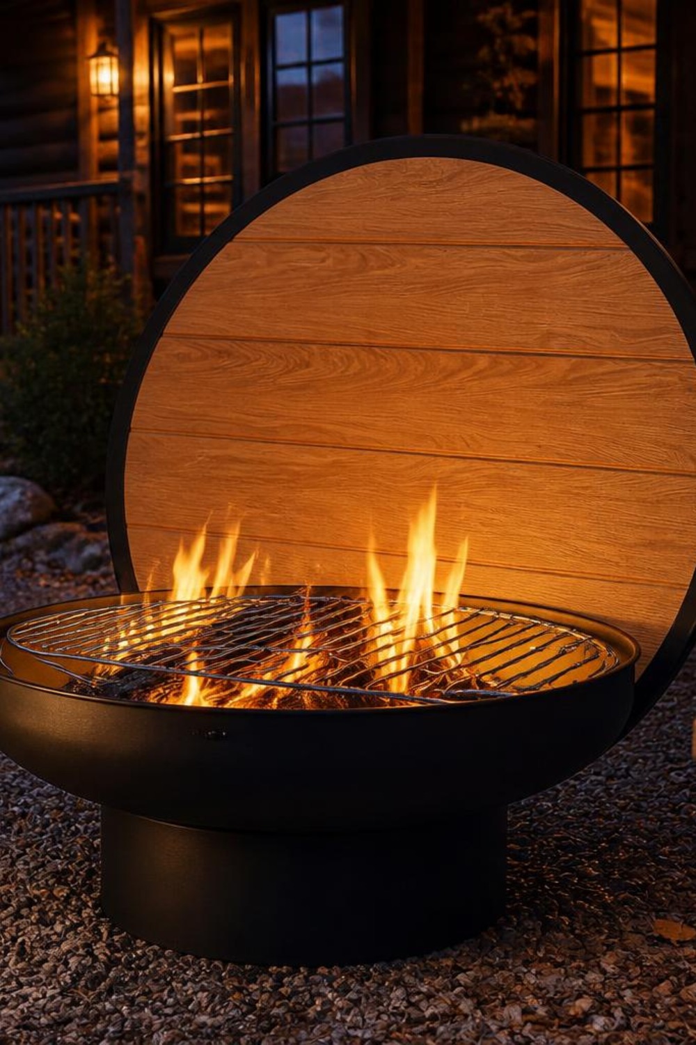 Round black steel 3-in-1 fire pit with a wood-look lid propped open and a chrome cooking grill over the flames, glowing at dusk on a gravel patio