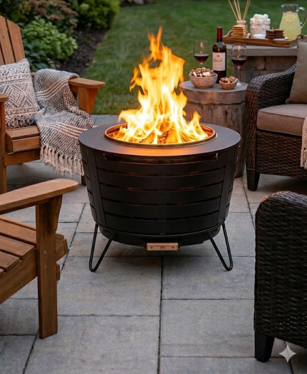 Black smokeless wood-burning fire pit with flames on a stone patio ringed by chairs