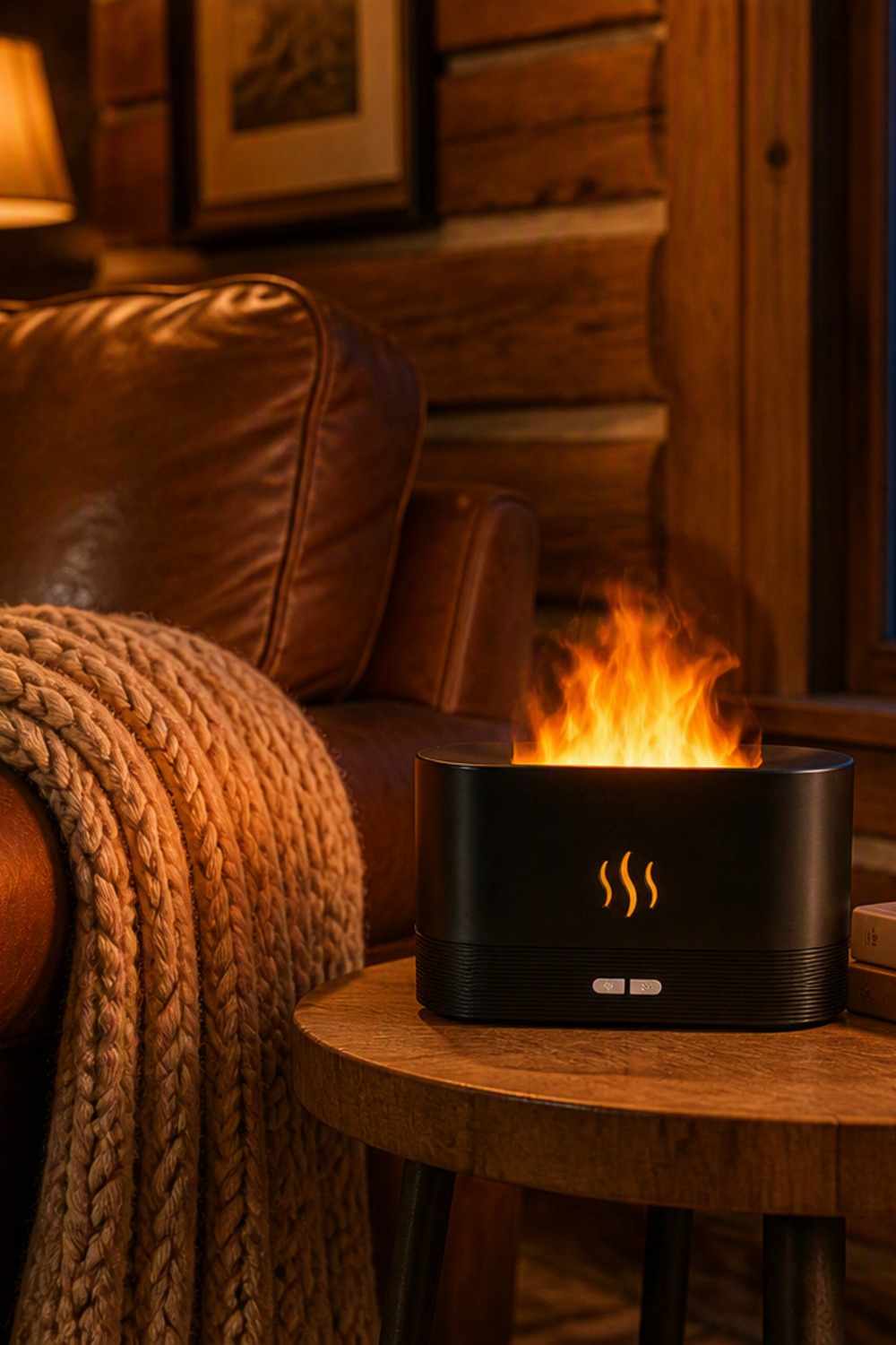Black oval flame-effect aroma diffuser with warm orange mist on a side table beside a leather armchair in a cabin