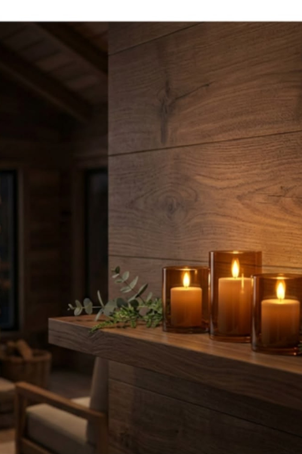 Three amber-glass flameless pillar candles glowing on a wood mantel with eucalyptus in a cabin