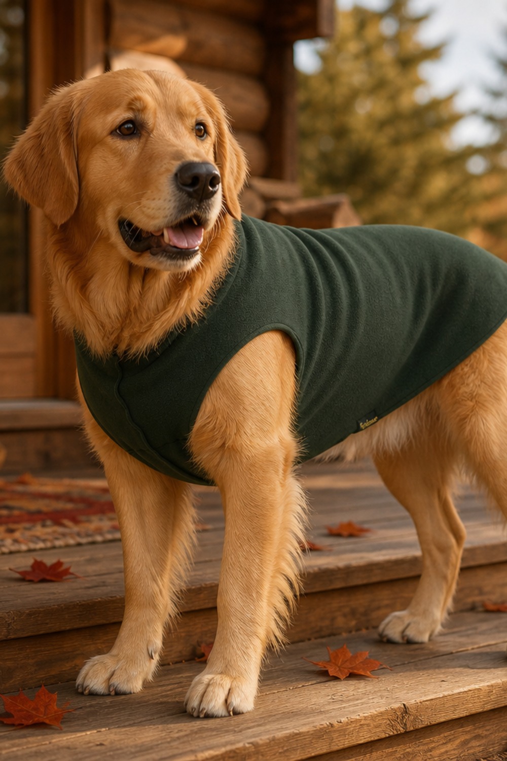 Hunter green stretch fleece dog vest on a golden retriever on a cabin porch in autumn