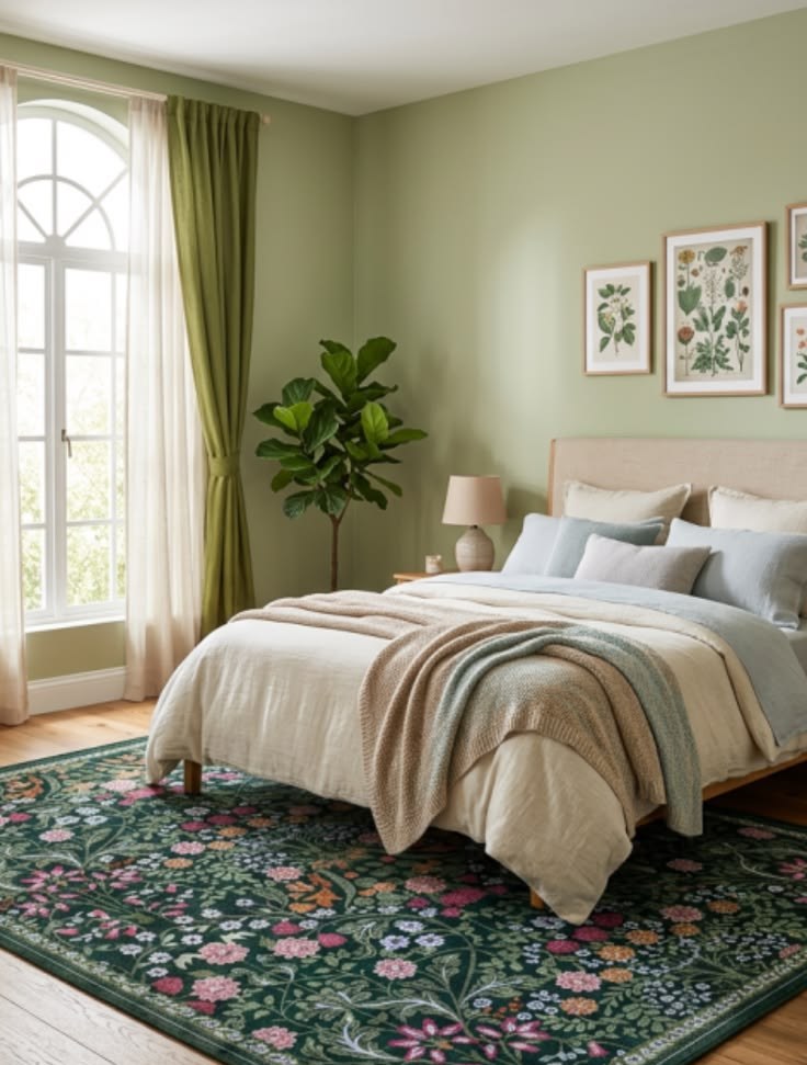 Dark green floral botanical area rug grounding a sage-green cabin bedroom