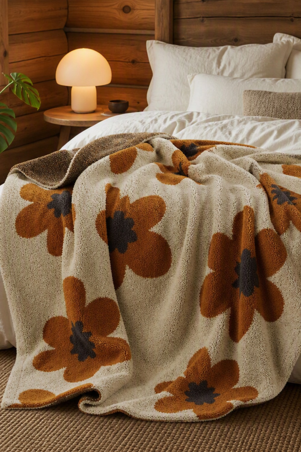 Rust-orange big-flower sherpa throw blanket rumpled on a white cabin bed