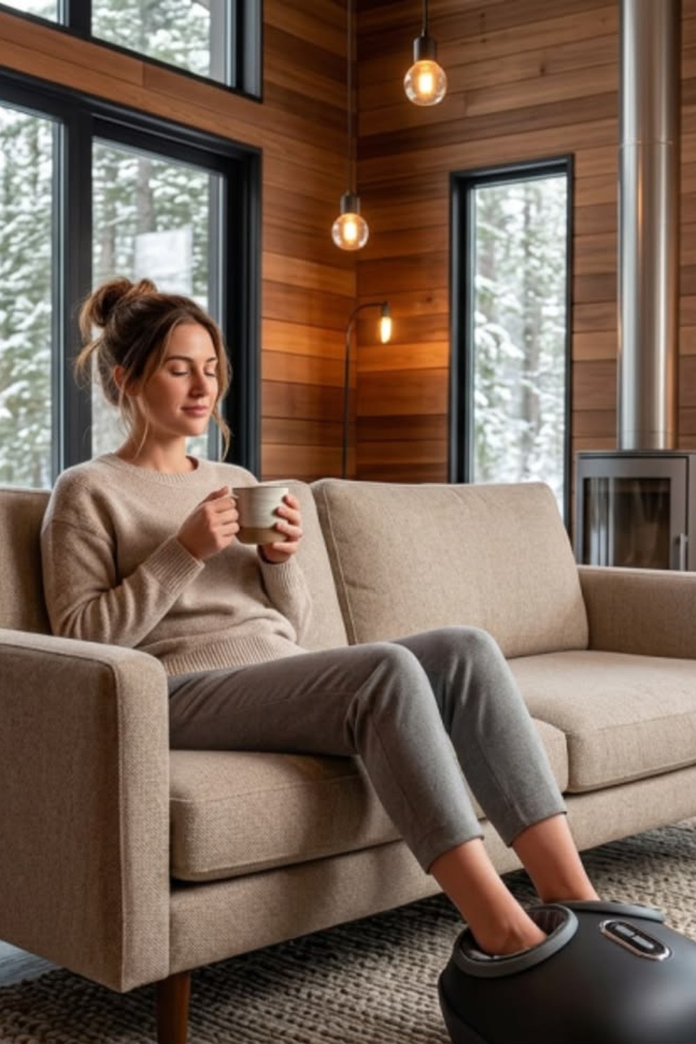 Woman relaxing with a mug on a linen sofa using a black shiatsu foot massager in a cabin living room