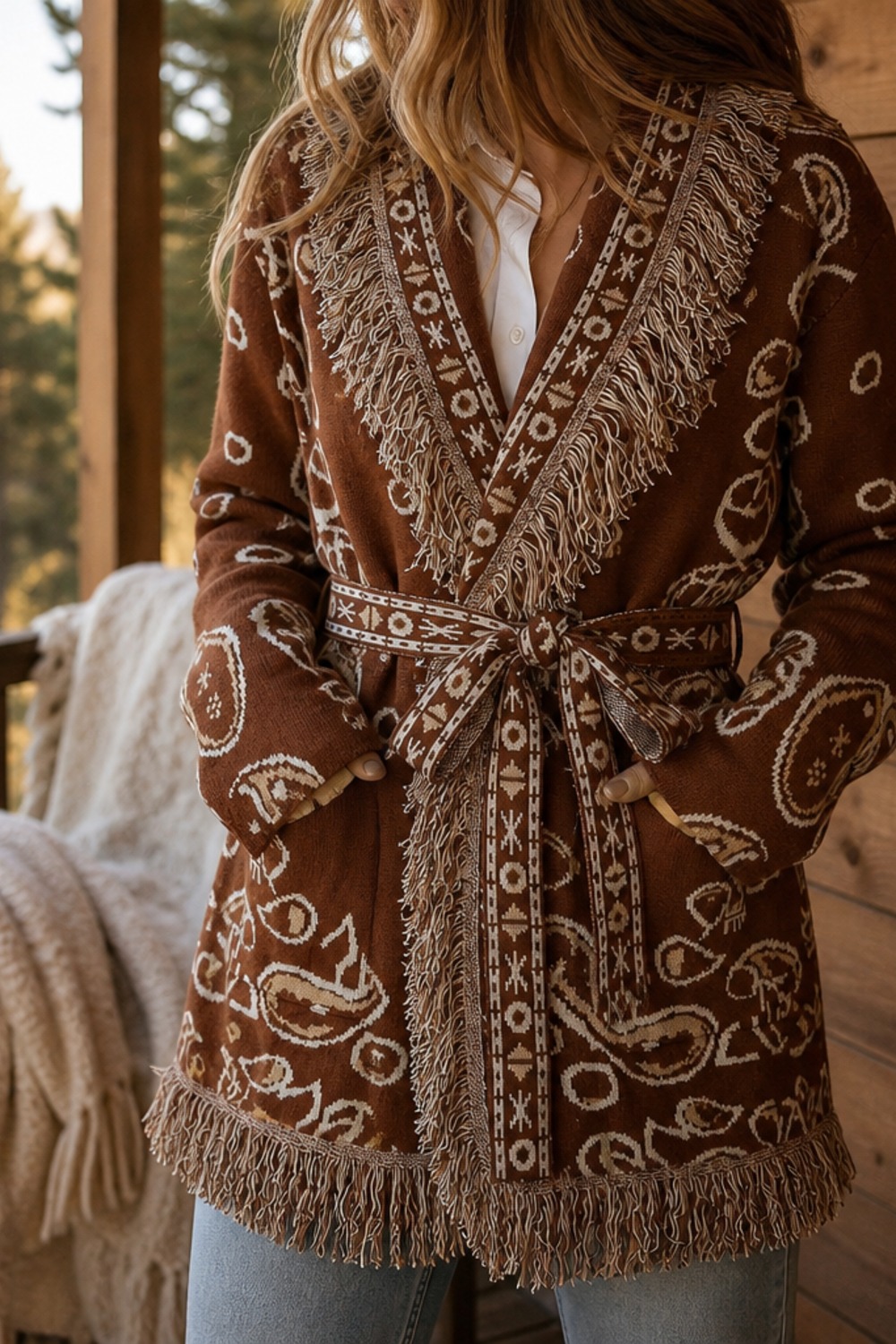 Woman wearing a brown paisley fringe cardigan with a fringed belt, standing on a cabin porch, face turned away