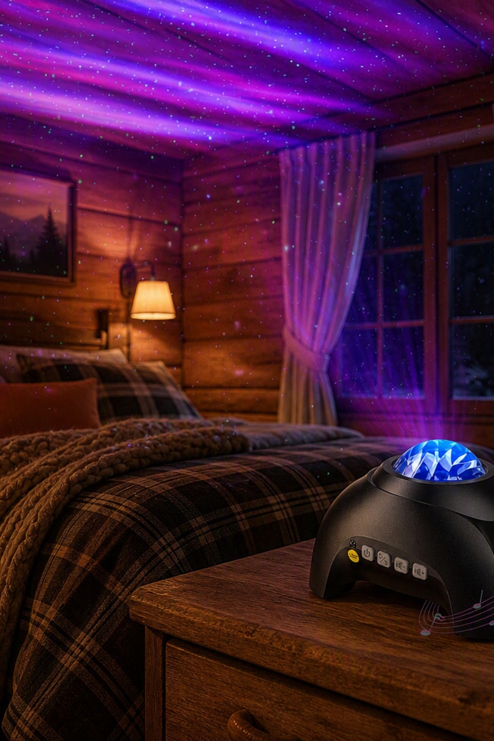 Black galaxy aurora projector casting swirling nebula light across a cozy cabin bedroom ceiling and wood-plank walls