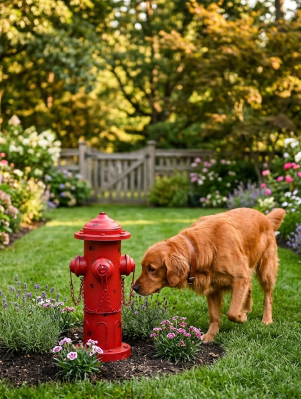 Vintage-style red decorative fire hydrant in a flower bed with a golden retriever sniffing it