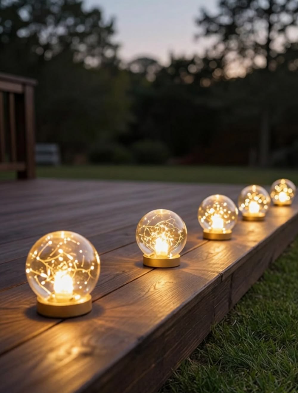 Row of warm glowing solar globe lights along a wood deck edge at dusk