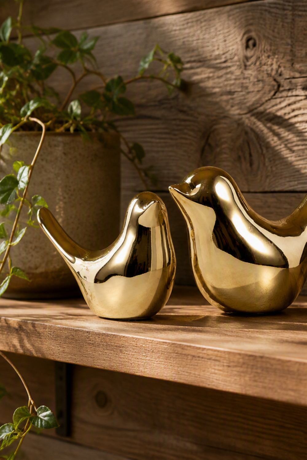 Two polished gold ceramic bird figurines on a cabin bookshelf beside a small plant