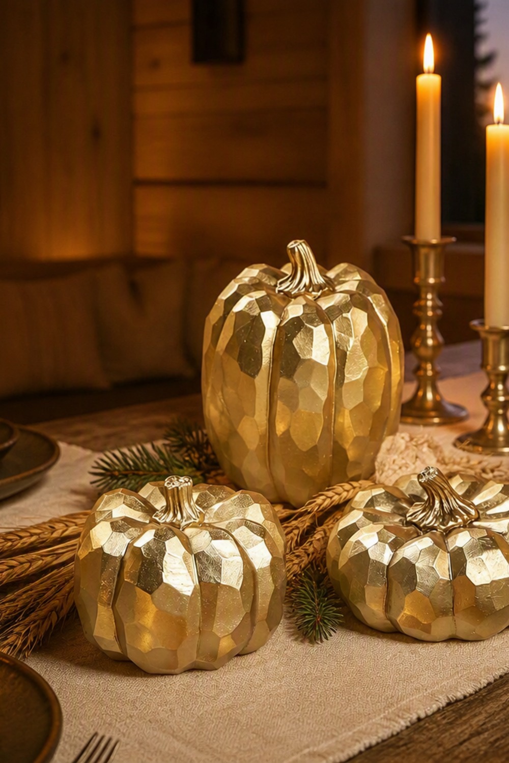 Three faceted gold resin pumpkins as a centerpiece on a cabin dining table with brass taper candles, wheat and pine sprigs