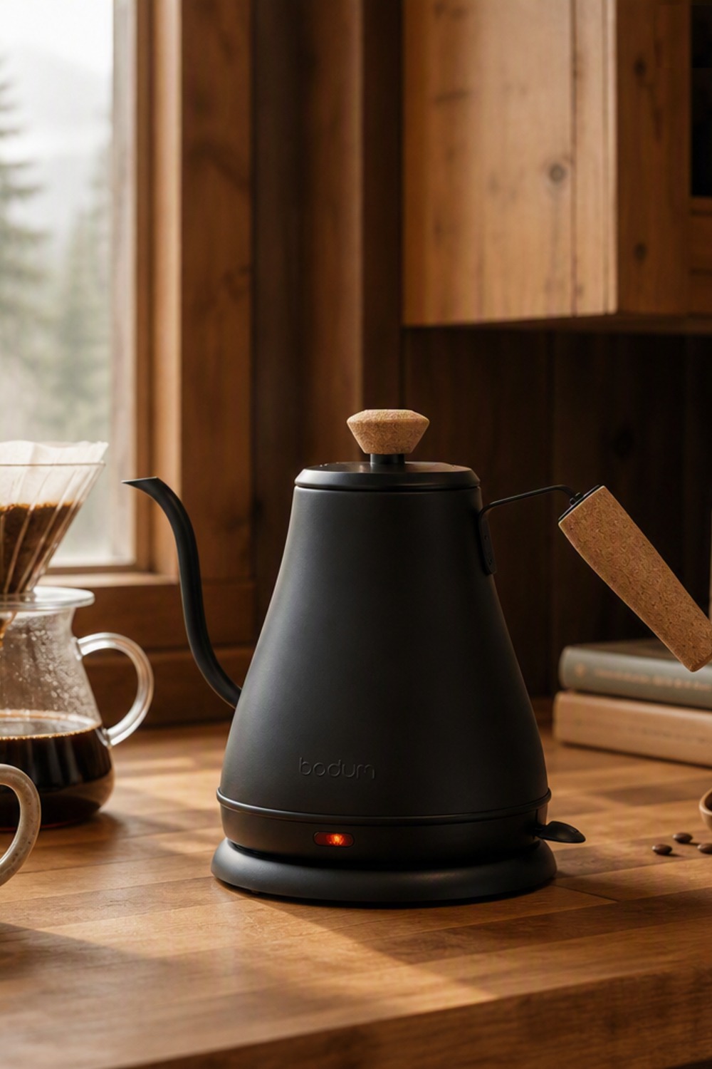 Matte black Bodum gooseneck electric kettle with cork handle on a butcher-block counter beside a pour-over coffee dripper in a cabin kitchen