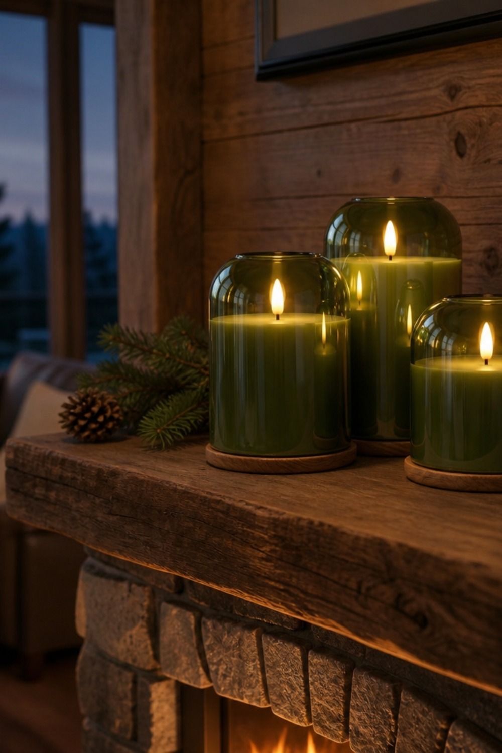 Three olive-green glass flameless pillar candles glowing on a rustic wood mantel with pine sprigs and pinecones in a cabin at dusk