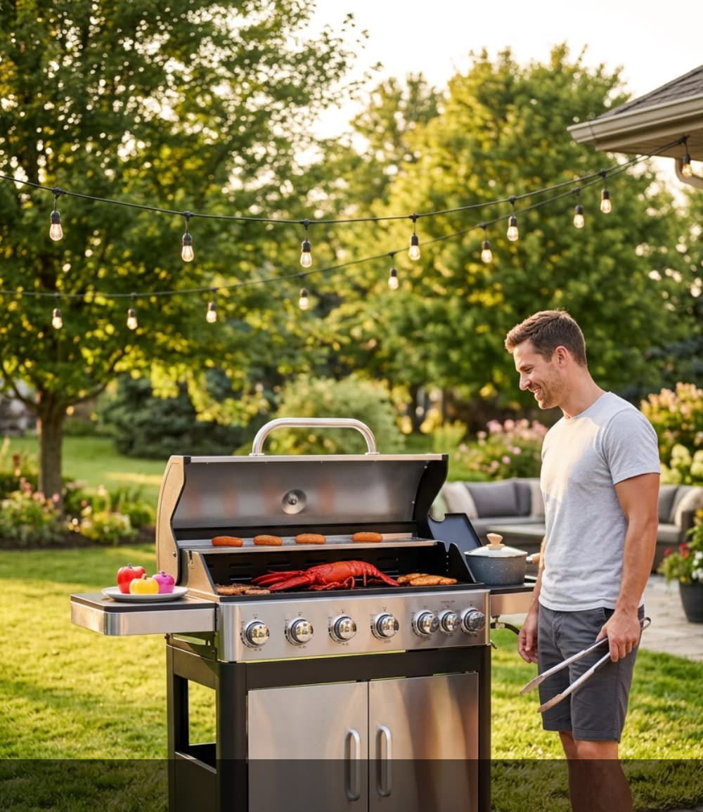 Stainless 6-burner gas grill on a string-lit backyard patio