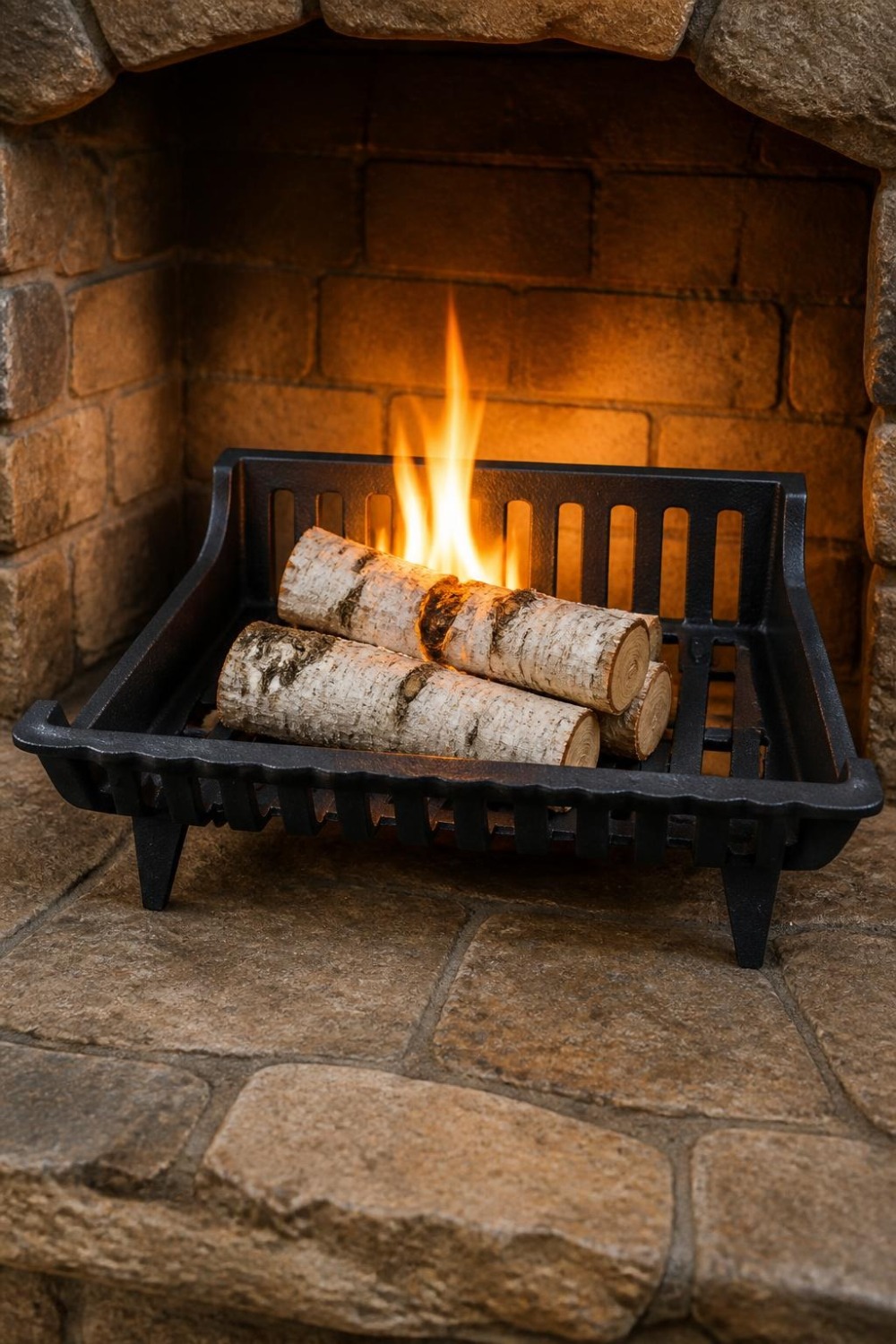 Black cast-iron fireplace grate holding birch logs and a small flame on a stone hearth