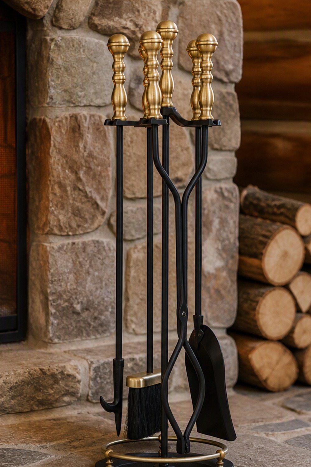 Black wrought-iron fireplace tool set with antique-brass handles and a brass ring base beside a stone fireplace