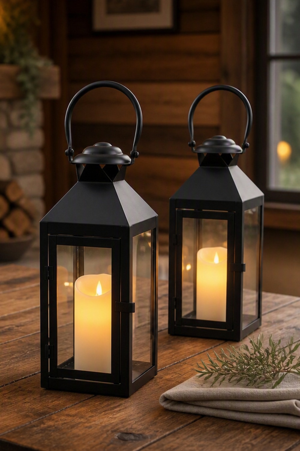 Pair of black metal hurricane candle lanterns with flameless candles on a wood table
