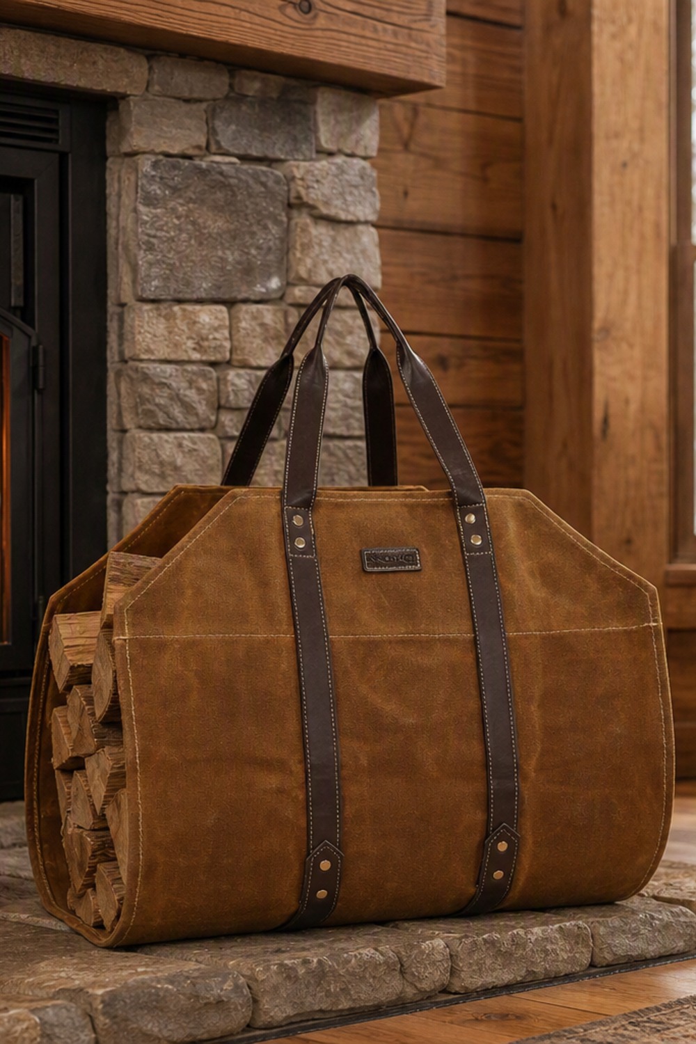 Waxed canvas firewood log carrier with leather handles leaning against a stone fireplace