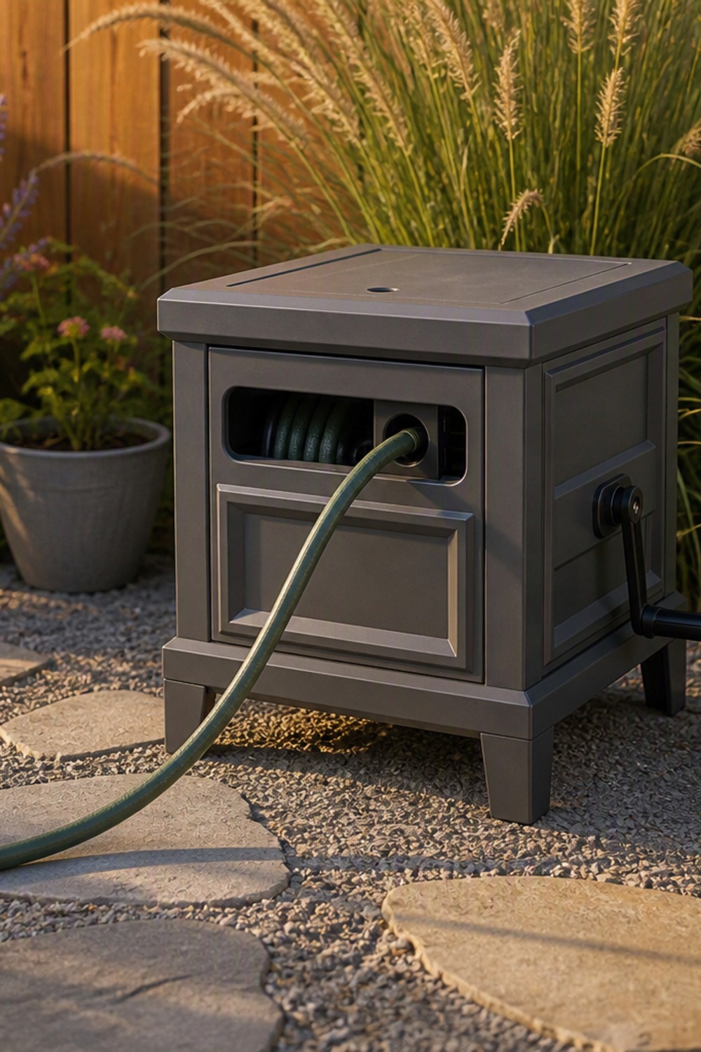 Steel hose reel deck box with a hand crank, styled like a small cabinet, on a garden patio