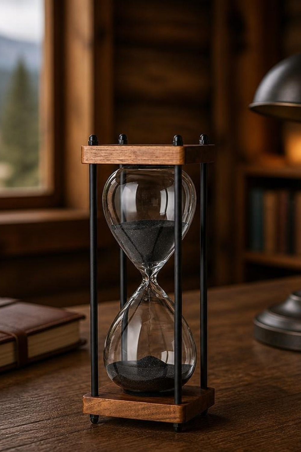 Modern hourglass sand timer with black metal rods and walnut wood caps, black sand, on a cabin study desk