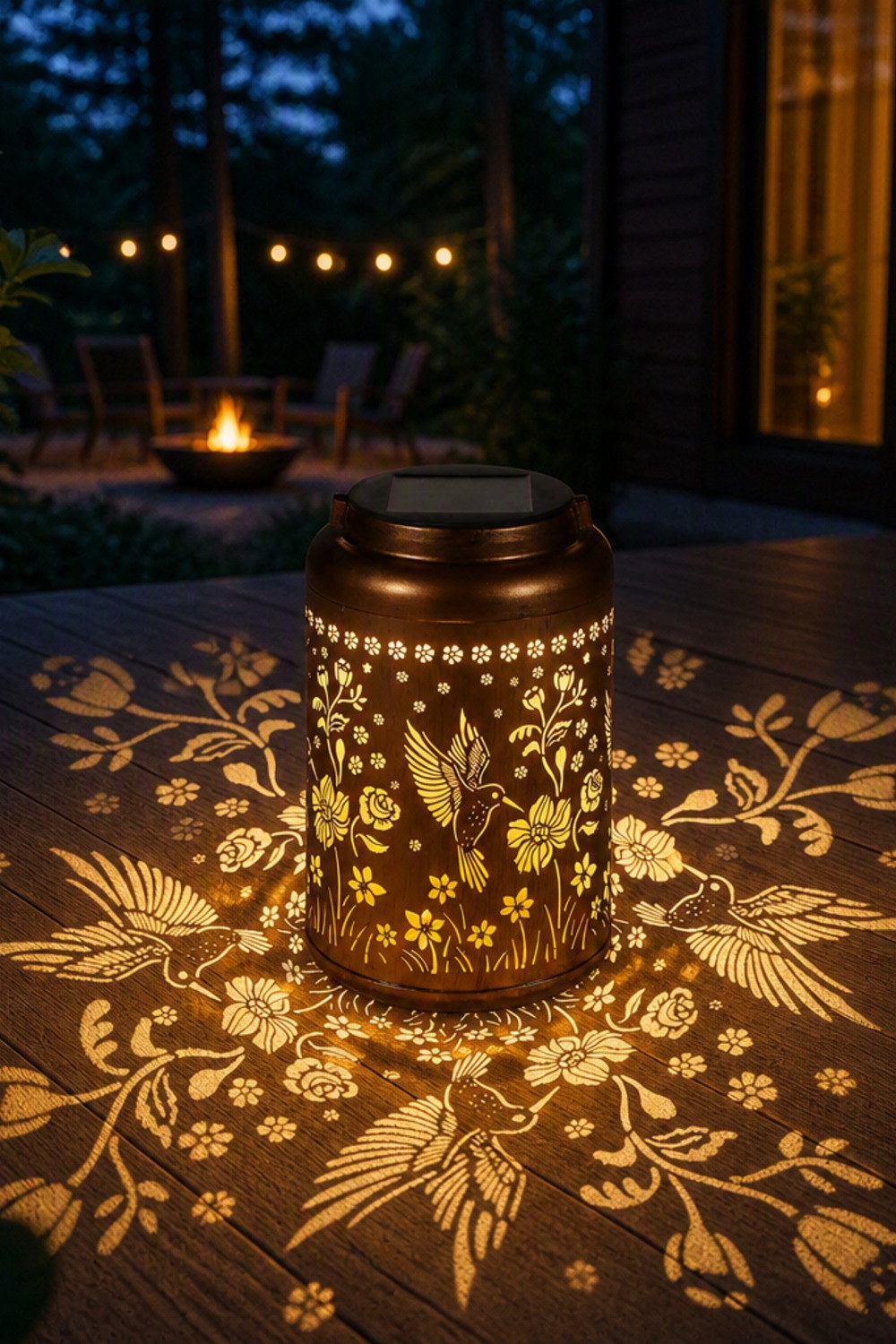 Bronze metal cutout solar lantern projecting a hummingbird and floral pattern onto a cabin patio at dusk