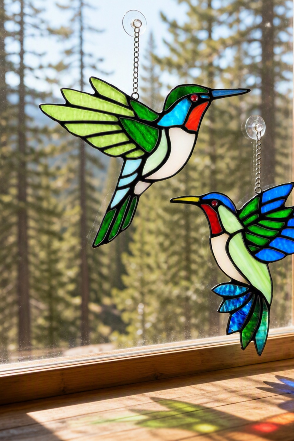 Two stained-glass hummingbird suncatchers hanging in a cabin window with sunlight streaming through the colored glass