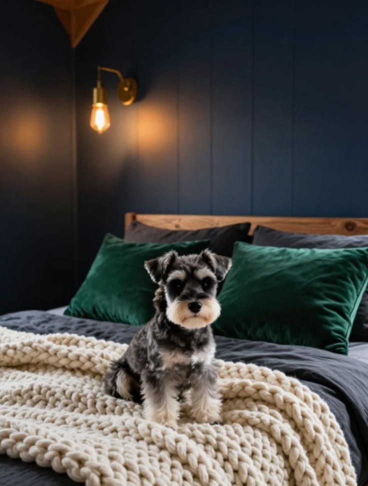 Ivory chunky knit chenille throw across a bed with a mini schnauzer in a navy cabin bedroom