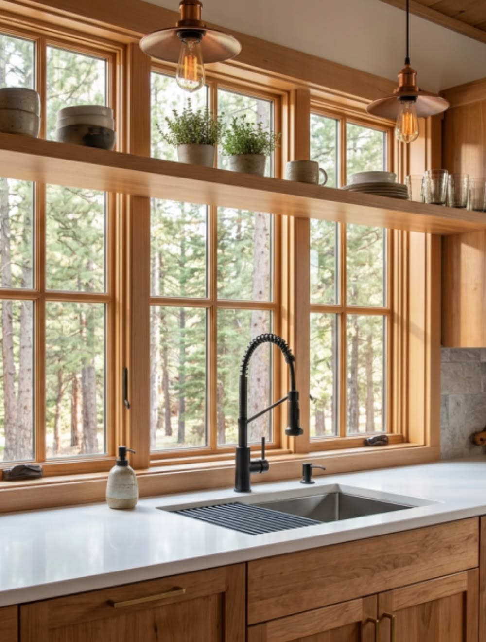 Matte-black commercial-style spring pull-down kitchen faucet at a stainless sink with forest windows behind