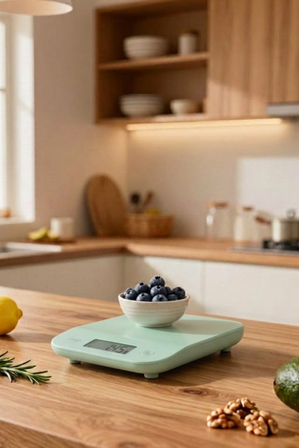Sage-green digital kitchen scale with a bowl of blueberries on a wood counter in a cabin kitchen