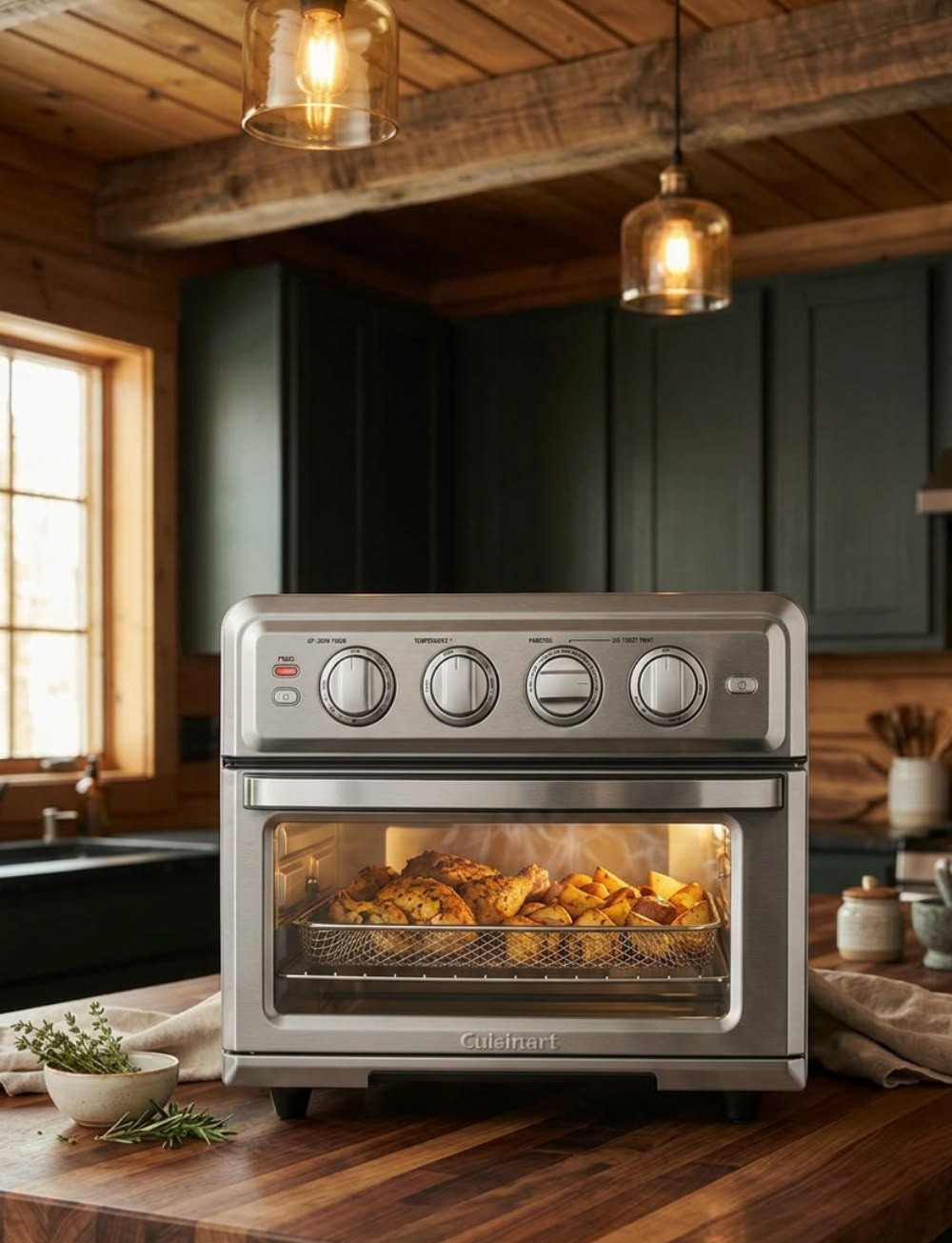 Stainless Cuisinart air-fryer toaster oven on a cabin kitchen counter