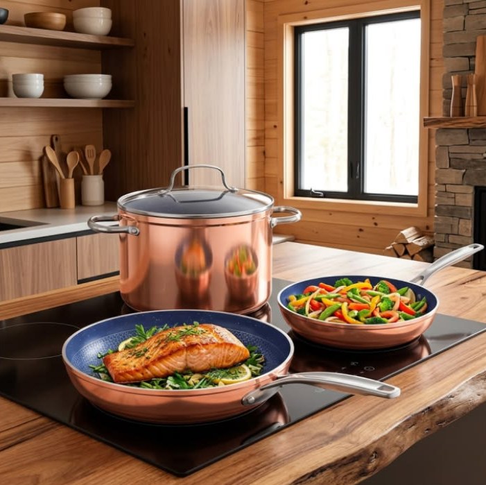 Copper-finish cookware set, a stockpot and two frying pans, on a cooktop in a cabin kitchen