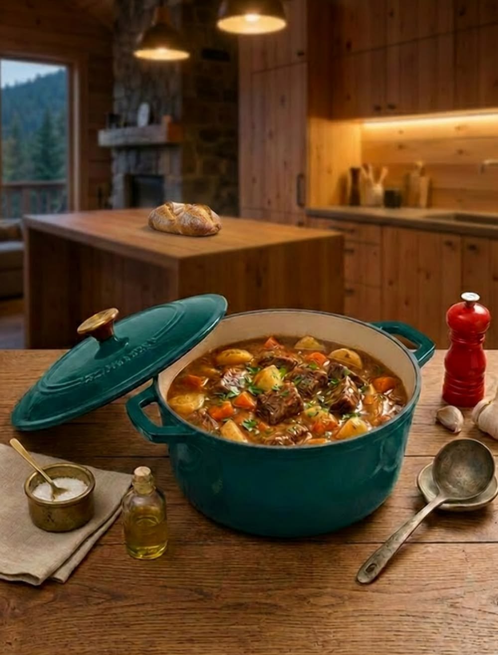 Teal enameled cast-iron Dutch oven full of pot roast on a wood table in a cabin kitchen