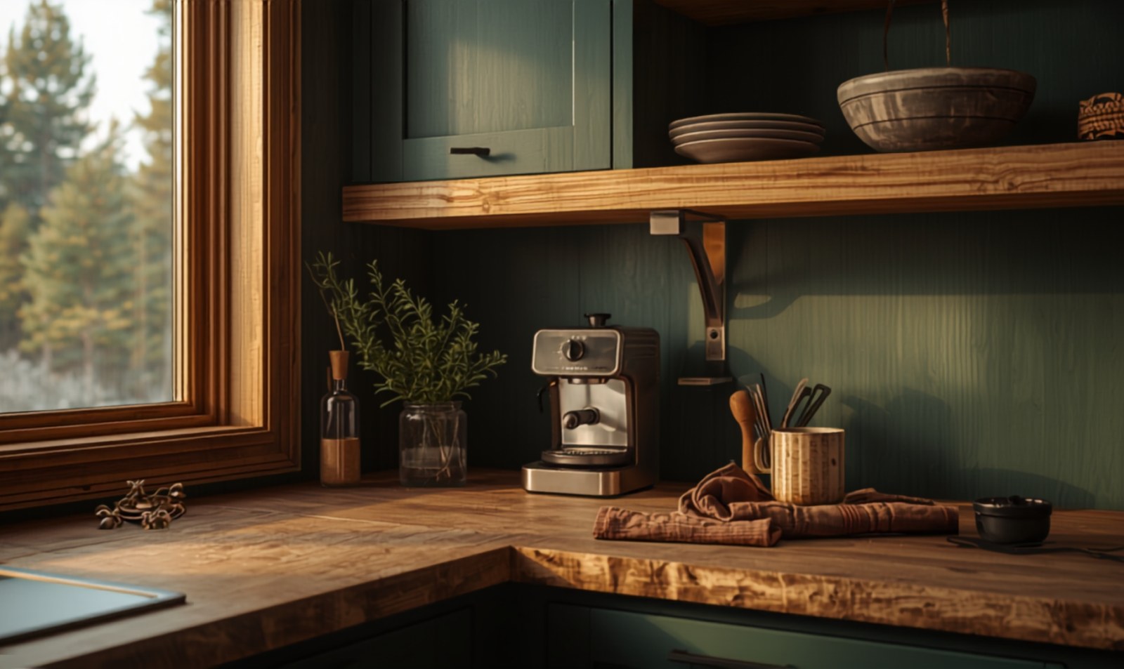 Forest-green cabin kitchen corner with espresso maker, stoneware and a window to the pines