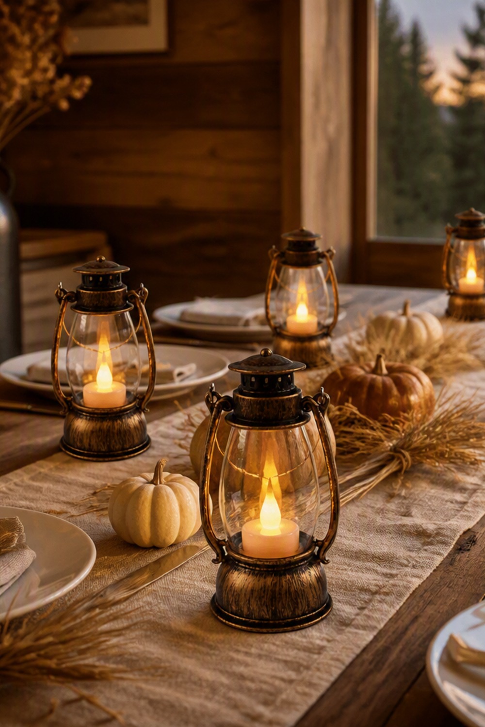 Set of mini bronze vintage lantern LED candles lining a fall dinner table with pumpkins and wheat sprays in a cabin dining room