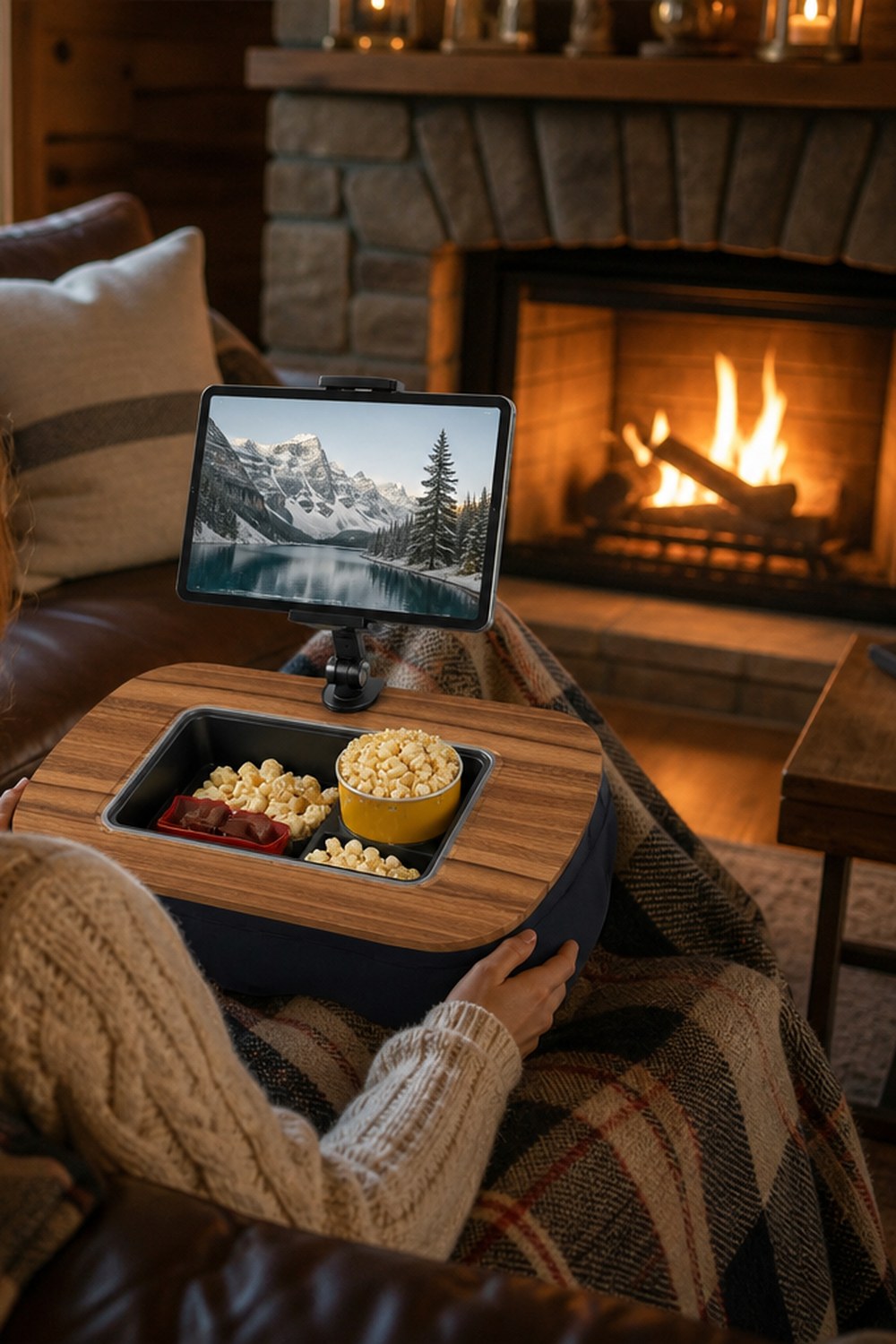 Wood lap desk snack caddy with tablet holder, popcorn and treats in the tray, on a plaid-covered lap by a cabin fireplace