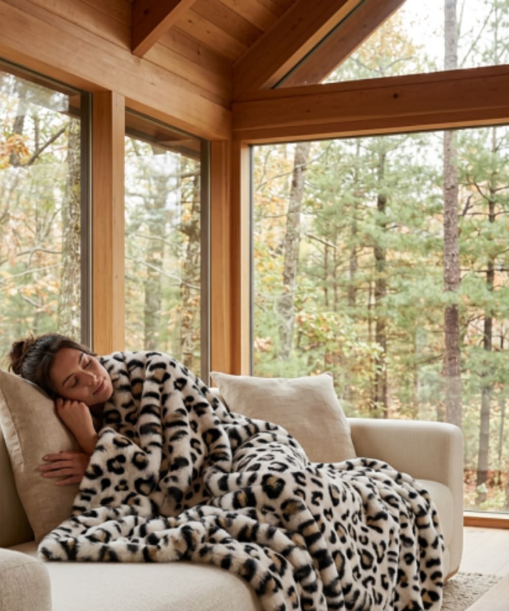 Leopard-print faux-fur throw blanket on a couch in a cabin