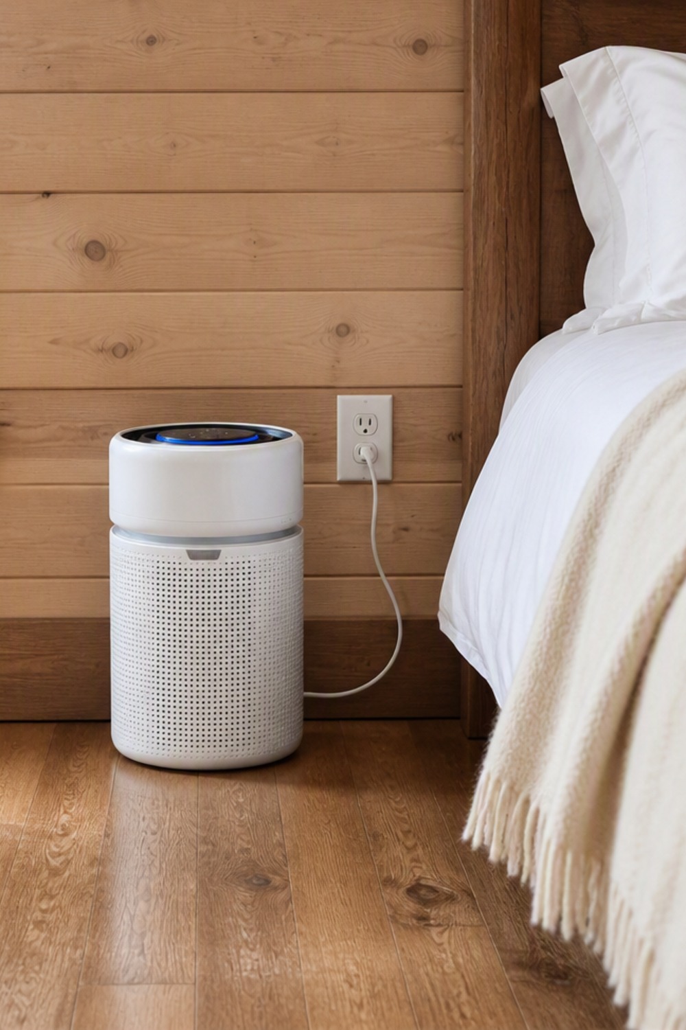Compact white cylindrical air purifier with a glowing blue ring on its top, standing on the wood floor against a pine wall and plugged into a wall outlet, beside a bed with white linens in a log-cabin bedroom