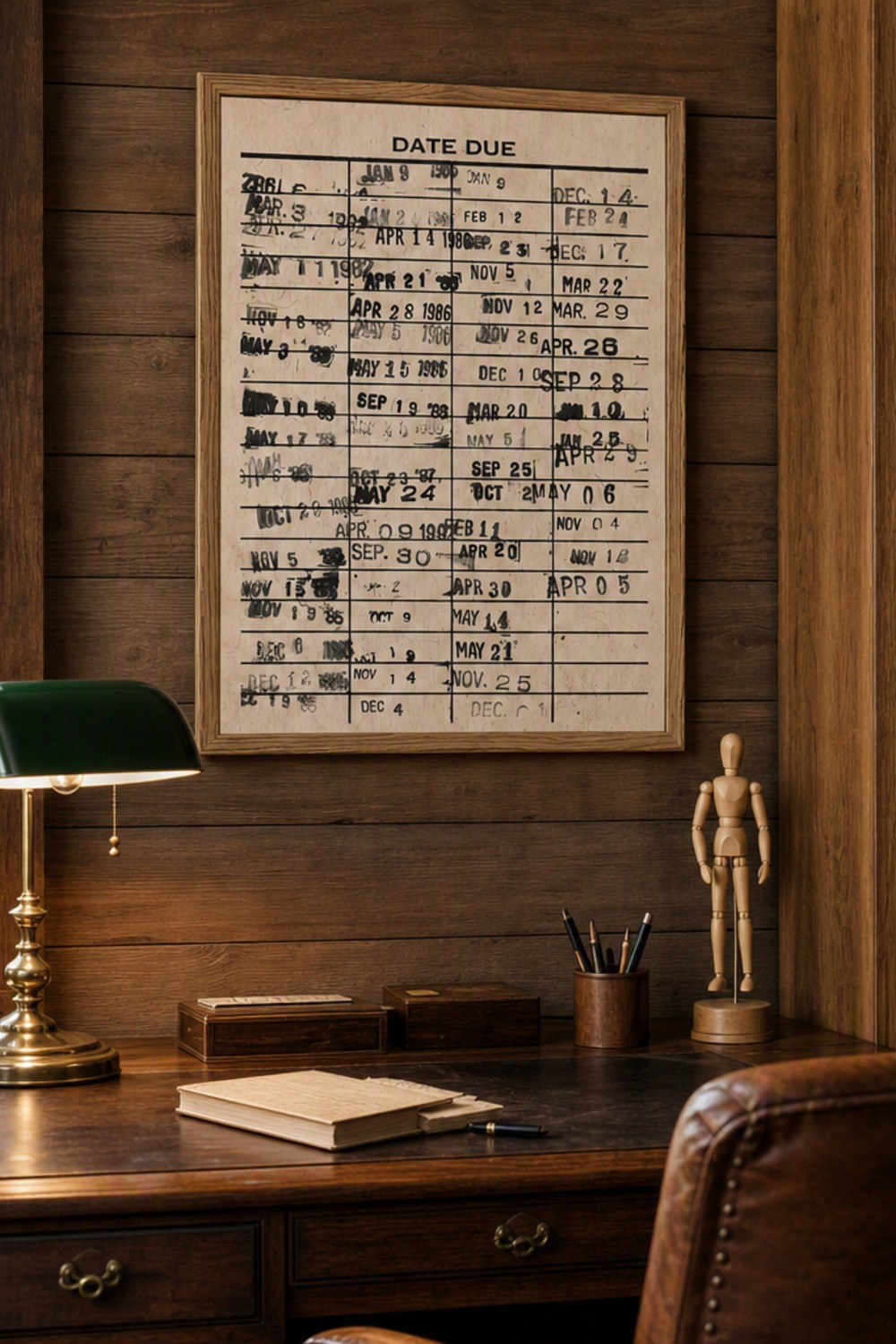 Framed vintage library Date Due card print hanging above a writing desk in a cabin study with a bookshelf