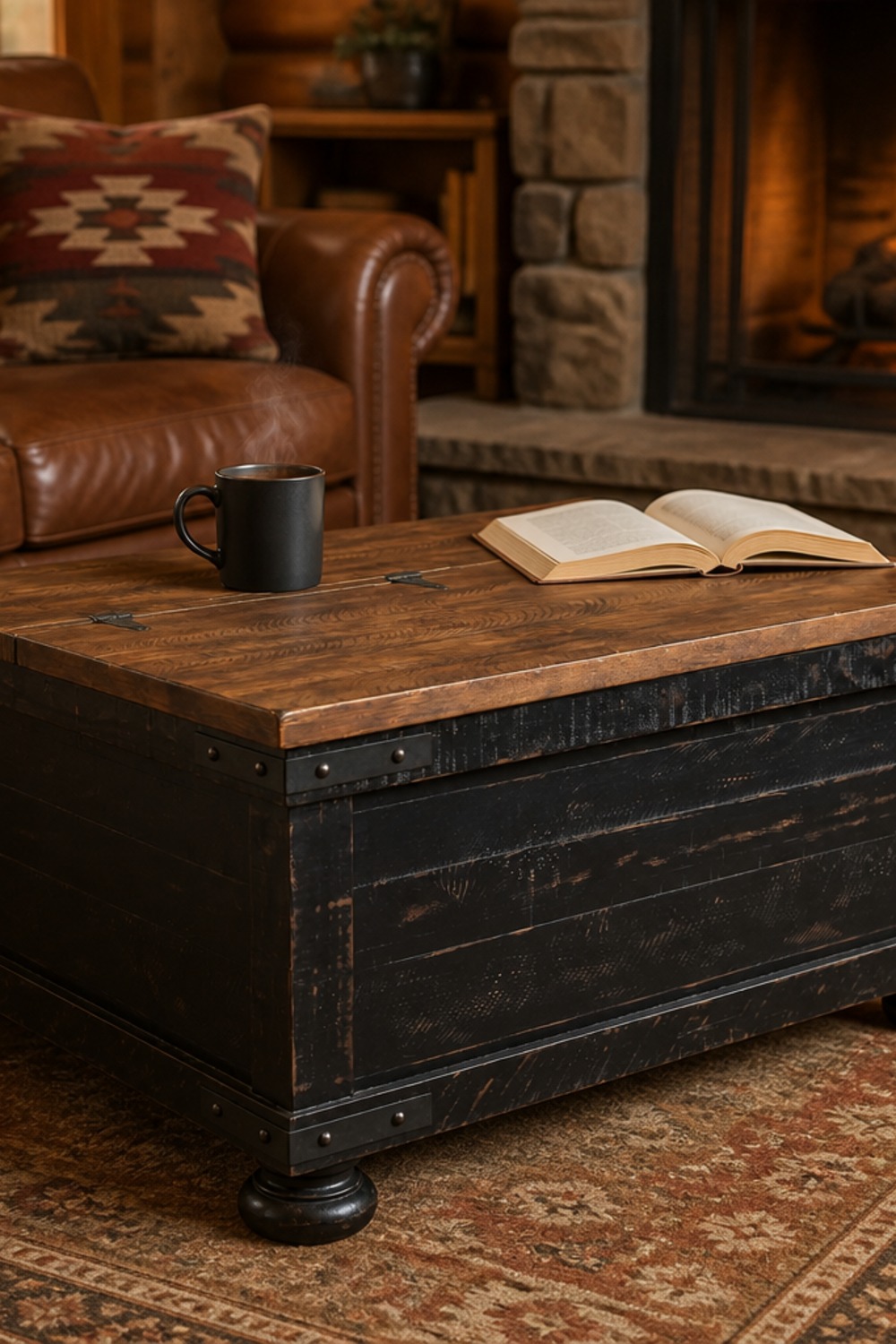 Farmhouse lift-top storage coffee table with distressed black trunk base and wood-plank top in a cabin living room
